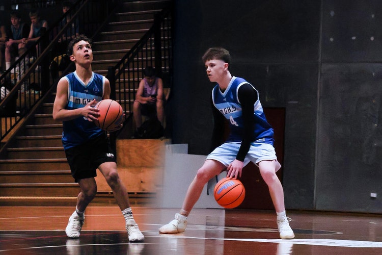 Students playing basketball.